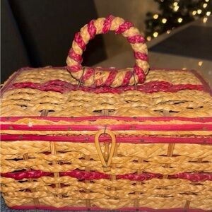 Vintage Japanese Woven Sewing Basket Red Satin Lining 1960’s